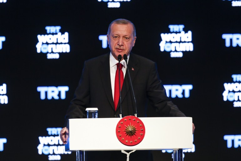 TRT World Forum 2019- - ISTANBUL, TURKEY - OCTOBER 21: President of Turkey Recep Tayyip Erdogan speaks during TRT World Forum 2019, held under main theme of
