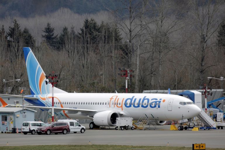 A Boeing 737 MAX aircraft bearing the logo of flydubai is parked at a Boeing production facility in Renton, Washington, U.S. March 11, 2019. REUTERS/David Ryder