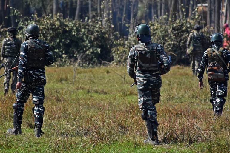 Three militants killed by Indian forces in Kashmir- - KASHMIR, INDIA - OCTOBER 16: Indian soldiers patrol near the site of encounter with militants in south Kashmir, India on October 16, 2019. Three militants were killed by Indian security forces in an encounter in Bijbehara area of Anantnag district. Uncertainty continues across Kashmir since India revoked Article 370 of its constitution which granted Kashmir autonomy.
