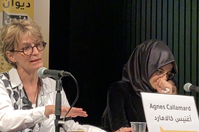 Khashoggi's fiancee Hatice Cengiz attend Khashoggi's panel in London- - LONDON, UNITED KINGDOM - JULY 09: Khashoggi's fiancee Hatice Cengiz (R) cries as UN Special Rapporteur Agnes Callamard (L) makes a speech during the panel discussion titled