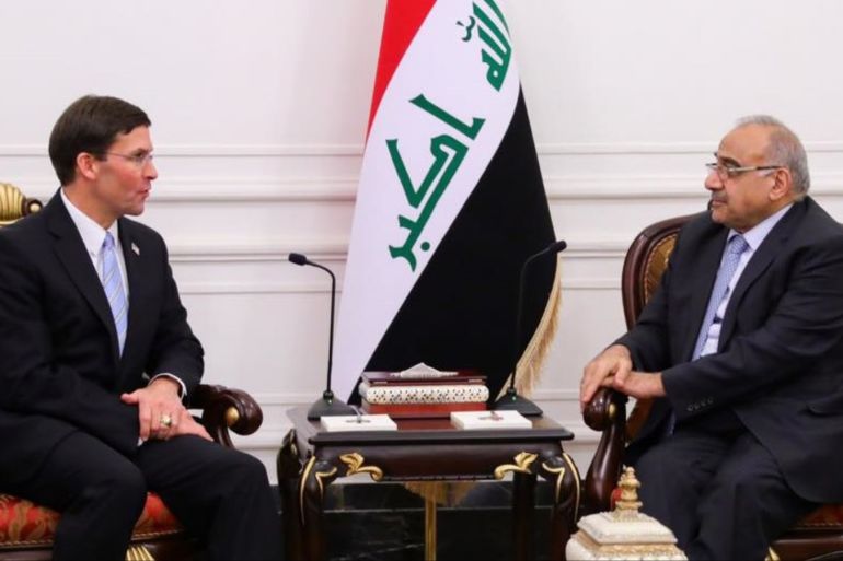 لقاء رئيس الوزراء عادل عبد المهدي مع وزير الدفاع الأميركي مارك إسبر في بغداد (الصحافة العراقية)