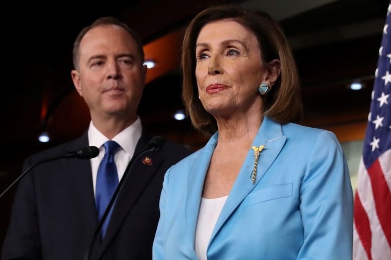 U.S. House Intelligence Committee Chairman Adam Schiff (D-CA) joins Speaker of the House Nancy Pelosi to speak about Democratic legislative priorities and impeachment inquiry plans during her weekly news conference at the U.S. Capitol in Washington, U.S., October 2, 2019. REUTERS/Jonathan Ernst