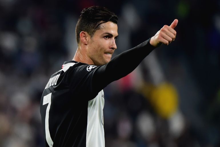 TURIN, ITALY - OCTOBER 01: Cristiano Ronaldo of FC Juventus celebrates the victory during the UEFA Champions League group D match between Juventus and Bayer Leverkusen at Juventus Arena on October 1, 2019 in Turin, Italy. (Photo by Pier Marco Tacca/Getty Images)