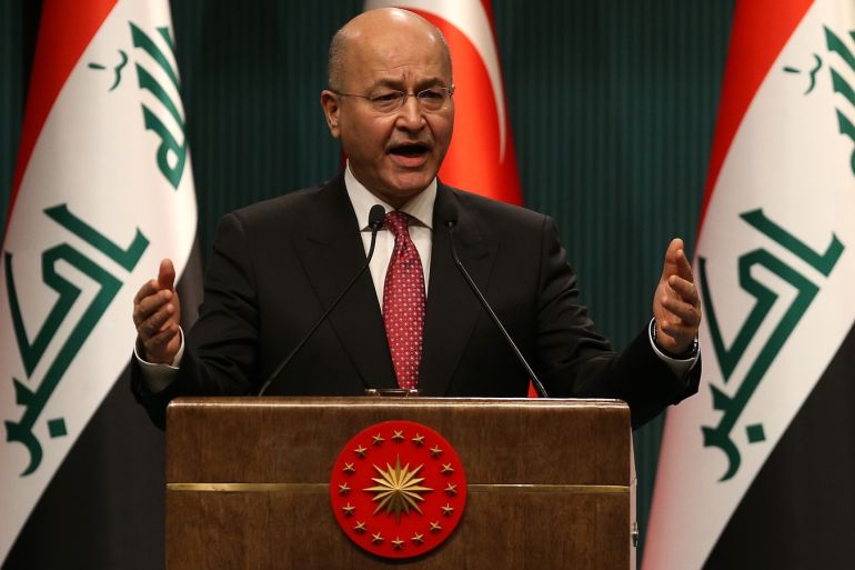 epa07259589 Iraqi President Barham Salih speaks during a press conference with Turkish President Recep Tayyip Erdogan (not pictured) after their meeting at the Presidential Palace in Ankara, Turkey, 03 January 2019. Reports state that President Recep Tayyip Erdogan and President Salih are expected to address all the aspects of the bilateral relations and will discuss possible steps for the strengthening of cooperation in various areas and exchange views on regional and