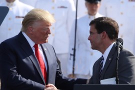 ARLINGTON, VIRGINIA - SEPTEMBER 11: U.S. President Donald Trump (L) shakes hands with Secretary of Defense Mark Esper during a 911 memorial ceremony at the Pentagon to commemorate the anniversary of the 9/11 terror attacks September 11, 2019 in Arlington, Virginia. The nation is marking the 18th anniversary of the terror attacks that took almost 3000 lives. Mark Wilson/Getty Images/AFP== FOR NEWSPAPERS, INTERNET, TELCOS & TELEVISION USE ONLY ==