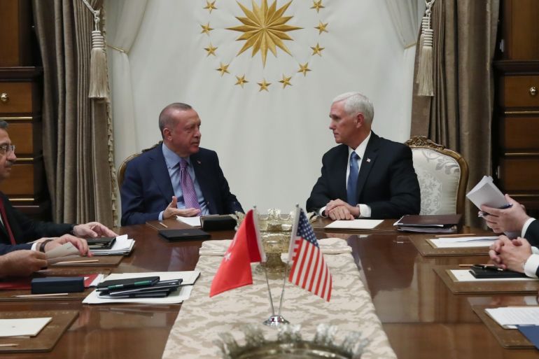 Erdogan - Pence meeting in Ankara- - ANKARA, TURKEY - OCTOBER 17: Turkish President Recep Tayyip Erdogan (L) and U.S. Vice President Mike Pence (R) are seen during inter-delegations meeting at the Presidential Complex in the capital Ankara, Turkey on October 17, 2019.