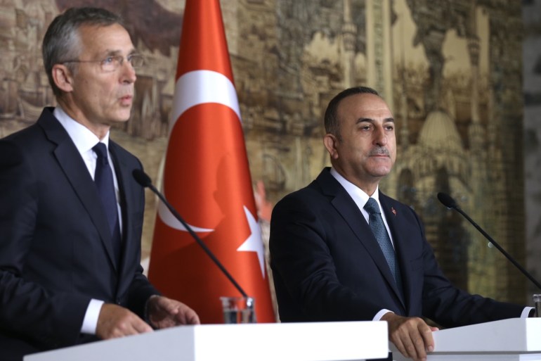 Mevlut Cavusoglu - Jens Stoltenberg Press Conference in Istanbul- - ISTANBUL, TURKEY - OCTOBER 11: Minister of Foreign Affairs of Turkey, Mevlut Cavusoglu and NATO Secretary General Jens Stoltenberg hold a joint press conference after their meeting at Dolmabahce Palace in Istanbul, Turkey on October 11, 2019.