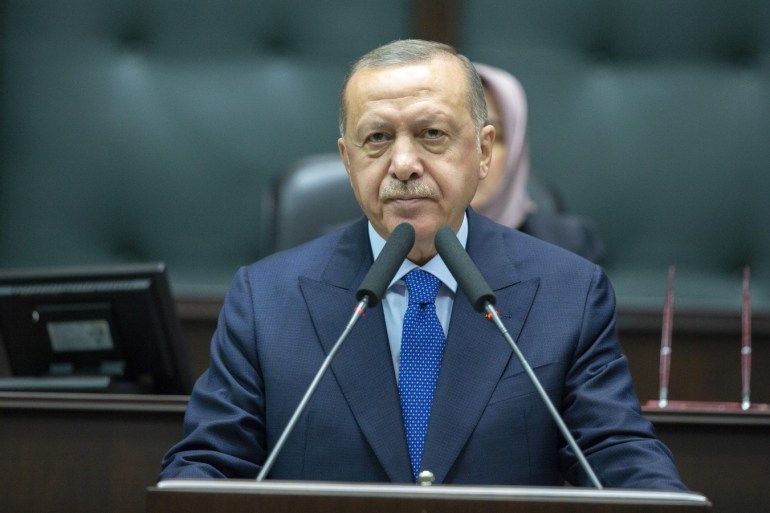 AK Party Group Meeting in Ankara- - ANKARA, TURKEY - OCTOBER 16: President of Turkey and leader of Turkey's ruling Justice and Development (AK) Party Recep Tayyip Erdogan addresses the party members during his party's parliamentary group meeting at the Grand National Assembly of Turkey in Ankara, Turkey on October 16, 2019.