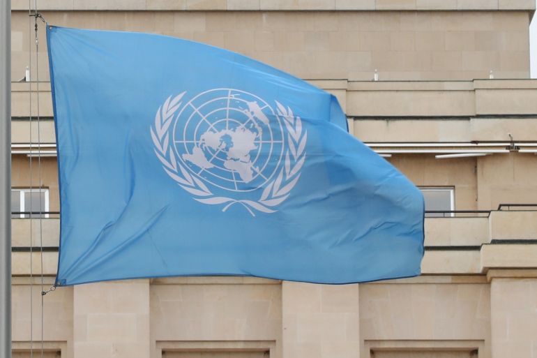The United Nations flag is pictured at half mast in memory of the victims of Ethiopian Airlines Flight ET 302 plane crash, in Geneva, Switzerland, March 11, 2019. REUTERS/Denis Balibouse