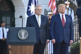 Australian PM Scott Morrison in Washington- - WASHINGTON, USA - SEPTEMBER 20: Prime Minister of Australia Scott Morrison and his wife Jennifer Morrison are welcomed by U.S President Donald Trump and his wife Melania Trump at the White House in Washington, DC, United States on September 20, 2019.