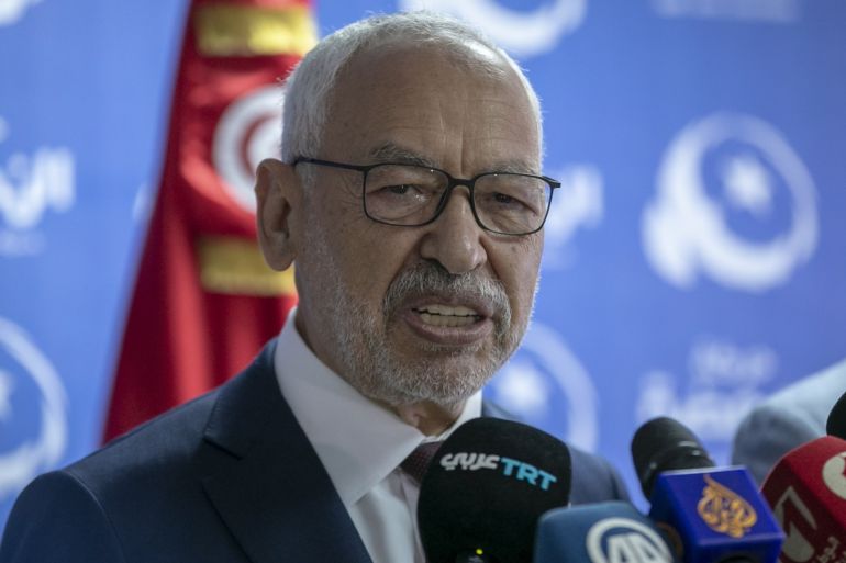 Tunisia's parliamentary elections- - TUNIS, TUNISIA - OCTOBER 06: Leader of Nahda Movement Rachid al-Ghannouchi holds a press conference at his party's headquarters after the first announcement of early election results following the parliamentary elections in Tunis, Tunisia on October 06, 2019. Around 7.1 million Tunisians were eligible to cast ballot in polls to elect the 217-member assembly.
