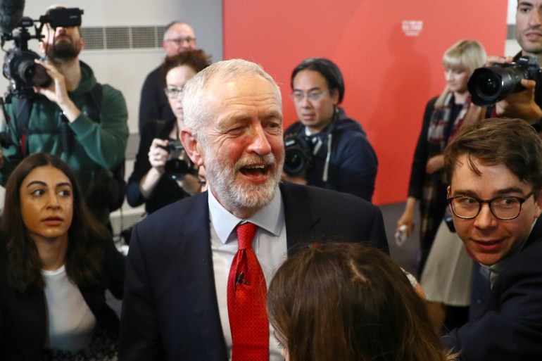 Britain's opposition Labour Party leader Jeremy Corbyn leaves after speaking about Brexit during a general election campaign meeting in Harlow, Britain November 5, 2019. REUTERS/Hannah McKay