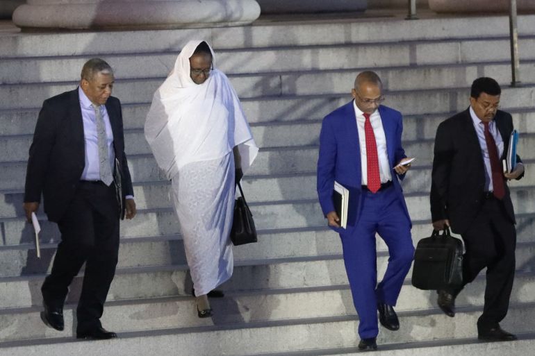 Foreign Minister of Sudan, Asma Mohamed Abdalla and her delegation leave the U.S. Treasury Department after negotiations on the disputed Grand Ethiopian Renaissance Dam, situated on the border between Ethiopia and Sudan, in Washington, U.S., November 6, 2019. REUTERS/Siphiwe Sibeko