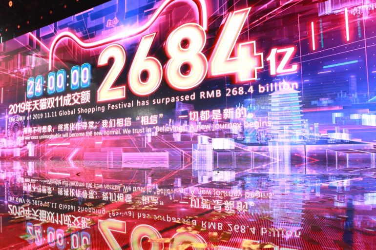 A screen displays the transaction volume of the 24-hour Alibaba Singles' Day global shopping festival at the company's headquarters in Hangzhou, Zhejiang province, China, early November 12, 2019. REUTERS/Stringer ATTENTION EDITORS - THIS IMAGE WAS PROVIDED BY A THIRD PARTY. CHINA OUT.