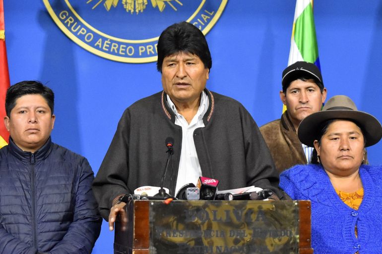 LA PAZ, BOLIVIA - NOVEMBER 10: President of Bolivia Evo Morales Ayma talks during a morning press conference when he announced he was going to call for fresh elections after OAS questioned the results of elections held on October 20th on November 10, 2019 in La Paz, Bolivia. Later today, Morales announced his resignation in Chimore, Cochabamba. (Photo by Alexis Demarco/APG/Getty Images)
