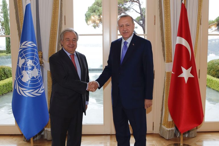 Erdogan - Guterres meeting in Istanbul- - ISTANBUL, TURKEY - NOVEMBER 01: Turkish President Recep Tayyip Erdogan and UN Secretary-General Antonio Guterres shake hands during their meeting at Vahdettin Pavilion in Istanbul, Turkey on November 01, 2019.