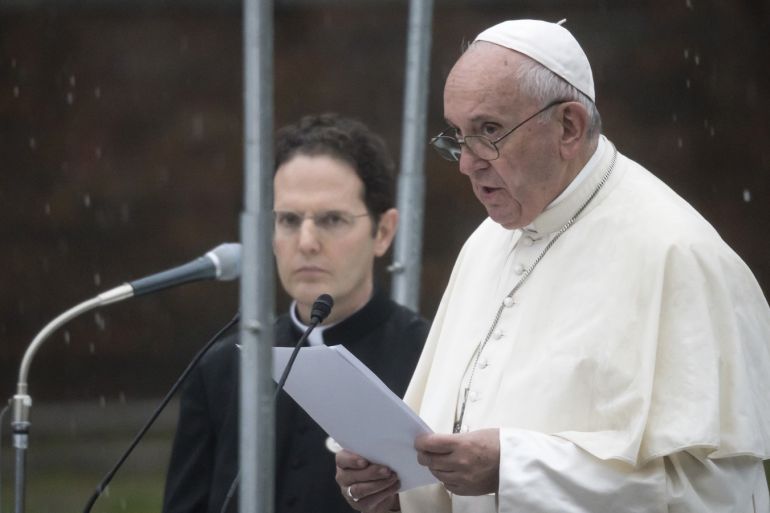 NAGASAKI, JAPAN - NOVEMBER 24: Pope Francis delivers a speech at the Atomic Bomb Hypocenter Park on November 24, 2019 in Nagasaki, Japan. Pope Francis is making only the second ever Papal visit to Japan and is scheduled to visit Hiroshima and Tokyo where he will meet with newly-enthroned Emperor Naruhito and Prime Minister Shinzō Abe and also hold Mass at Tokyo Dome after Nagasaki. (Photo by Tomohiro Ohsumi/Getty Images)