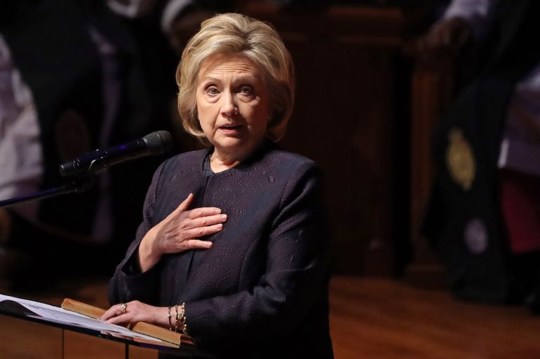 BALTIMORE, MARYLAND - OCTOBER 25: Former first lady and Secretary of State Hillary Clinton delivers remarks during the funeral service for Rep. Elijah Cummings (D-MD) at New Psalmist Baptist Church on October 25, 2019 in Baltimore, Maryland. A sharecroppers son who rose to become a civil rights champion and the chairman of the powerful House Oversight and Government Reform Committee, Cummings died last week of complications from longstanding health problems. Chip Somodevilla/Getty Images/AFP== FOR NEWSPAPERS, INTERNET, TELCOS & TELEVISION USE ONLY ==