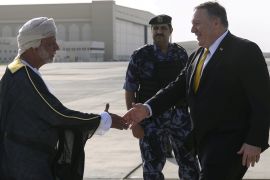 U.S. Secretary of State Mike Pompeo is greeted by Oman's Minister of Foreign Affairs Yusuf bin Alawi bin Abdullah, upon his arrival at the Seeb South airfield in capital Muscat, Oman January 14, 2019. Andrew Caballero-Reynolds/Pool via REUTERS