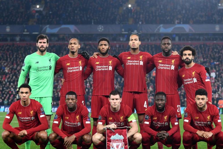 LIVERPOOL, ENGLAND - NOVEMBER 05: Players of Liverpool pose for a team photograph prior to the UEFA Champions League group E match between Liverpool FC and KRC Genk at Anfield on November 05, 2019 in Liverpool, United Kingdom. (Photo by Laurence Griffiths/Getty Images)