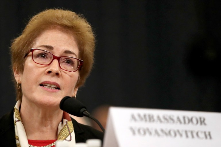 WASHINGTON, DC - NOVEMBER 15: Former U.S. Ambassador to Ukraine Marie Yovanovitch testifies before the House Intelligence Committee in the Longworth House Office Building on Capitol Hill November 15, 2019 in Washington, DC. In the second impeachment hearing held by the committee, House Democrats continue to build a case against U.S. President Donald Trumps efforts to link U.S. military aid for Ukraine to the nations investigation of his political rivals. Drew Angerer/Getty Images/AFP== FOR NEWSPAPERS, INTERNET, TELCOS & TELEVISION USE ONLY ==