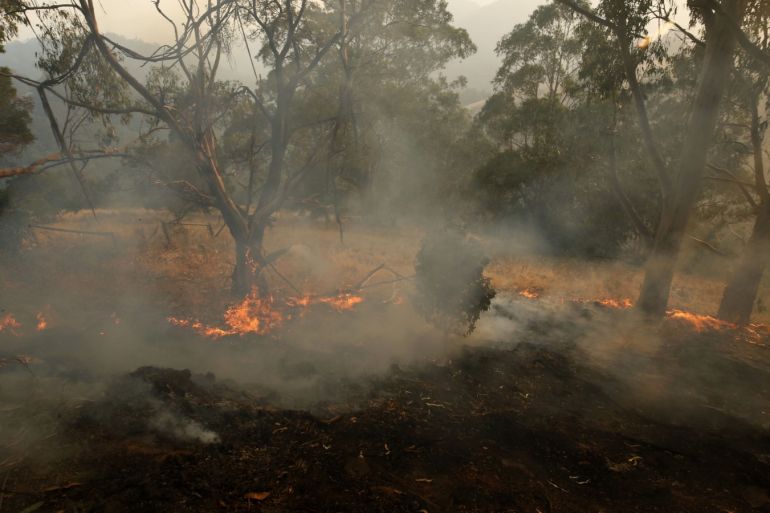 BUNYIP, AUSTRALIA - MARCH 04: Fire burns in Jumbuck on March 04, 2019, Australia. Fire crews are battling more than 20 bushfires ablaze in southeast Victoria. A fire in Bunyip State Park has burned through over 10,000 hectares and has been downgraded to watch and act, but emergency level warnings are in place for several suburbs threatened by fires burning further east. (Photo by Darrian Traynor/Getty Images)