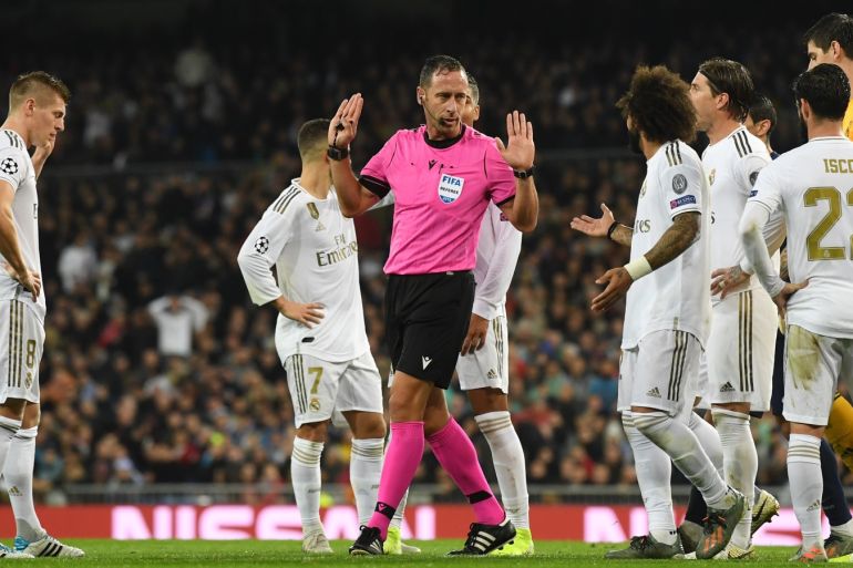 MADRID, SPAIN - NOVEMBER 26: Marcelo of Real Madrid reacts to a decision by match referee Artur Dias during the UEFA Champions League group A match between Real Madrid and Paris Saint-Germain at Bernabeu on November 26, 2019 in Madrid, Spain. (Photo by David Ramos/Getty Images)