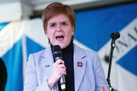 epa07967441 Scottish First Minister and SNP leader Nicola Sturgeon delivers a speech at an independence rally in George Square, Glasgow, Britain, 02 November 2019. Thousands of supporters of Scottish independence have gathered in Glasgow to demand second independence referendum. EPA-EFE/ROBERT PERRY