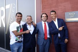 FUNCHAL, MADEIRA, PORTUGAL - JULY 22: Hugo Aveiro (Cristiano Brother) Dionisio Pestana, Cristiano Ronaldo and Miguel Albuquerque (President of the Regional Government of Madeira) during the opening of the new 'Pestana CR7 Funchal' Hotel owned by Cristiano Ronaldo on July 22, 2016 in Funchal, Madeira, Portugal. (Photo by Octavio Passos/Getty Images)