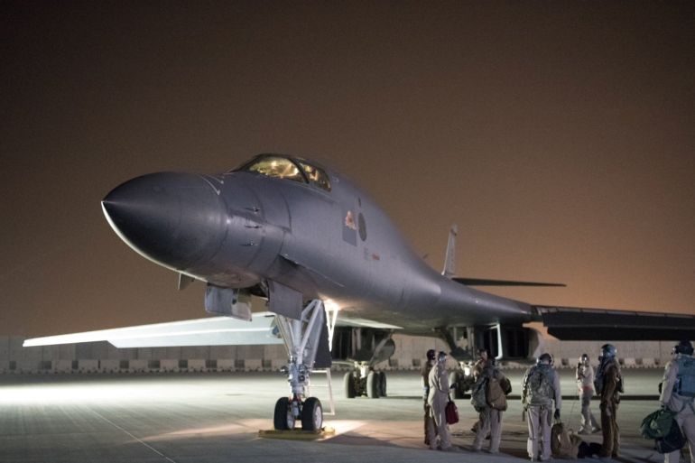A U.S. Air Force B-1B Lancer and crew, being deployed to launch strike as part of the multinational response to Syria's use of chemical weapons, is seen in this image released from Al Udeid Air Base, Doha, Qatar on April 14, 2018. U.S. Air Force/Handout via REUTERS. ATTENTION EDITORS - THIS IMAGE WAS PROVIDED BY A THIRD PARTY