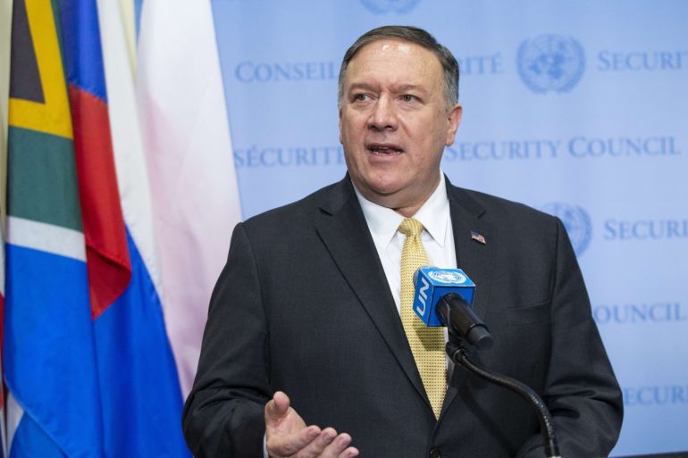 NEW YORK, NY - AUGUST 20: U.S. Secretary of State Mike Pompeo speaks in a media stakeout during the Security Council meeting on August 20, 2019 in New York City. Prior to the meeting on the Middle East, Pompeo acknowledged that ISIS has gained ground in some areas. Eduardo Munoz Alvarez/Getty Images/AFP== FOR NEWSPAPERS, INTERNET, TELCOS & TELEVISION USE ONLY ==