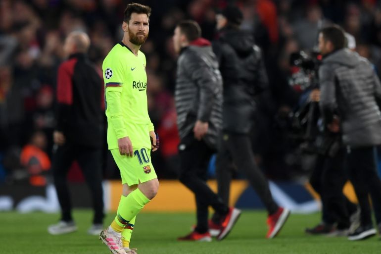 LIVERPOOL, ENGLAND - MAY 07: Lionel Messi of Barcelona reacts in defeat the UEFA Champions League Semi Final second leg match between Liverpool and Barcelona at Anfield on May 07, 2019 in Liverpool, England. (Photo by Shaun Botterill/Getty Images)