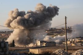 Airstrikes continue to hit Idlib- - IDLIB, SYRIA - DECEMBER 18: Smoke rises after warplanes belonging to Assad Regime hit Ma'arat al-Nu'man district of Idlib, de-escalation zone, Syria on December 18, 2019.