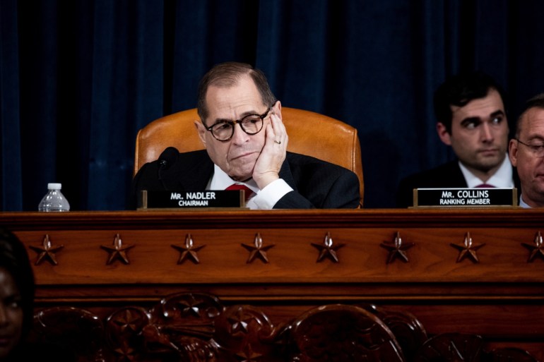 House Judiciary Committee Chairman Jerrold Nadler (D-NY) listens in a public impeachment inquiry hearing with the House Judiciary Committee on Capitol Hill in Washington, U.S., December 9, 2019. Anna Moneymaker/Pool via REUTERS