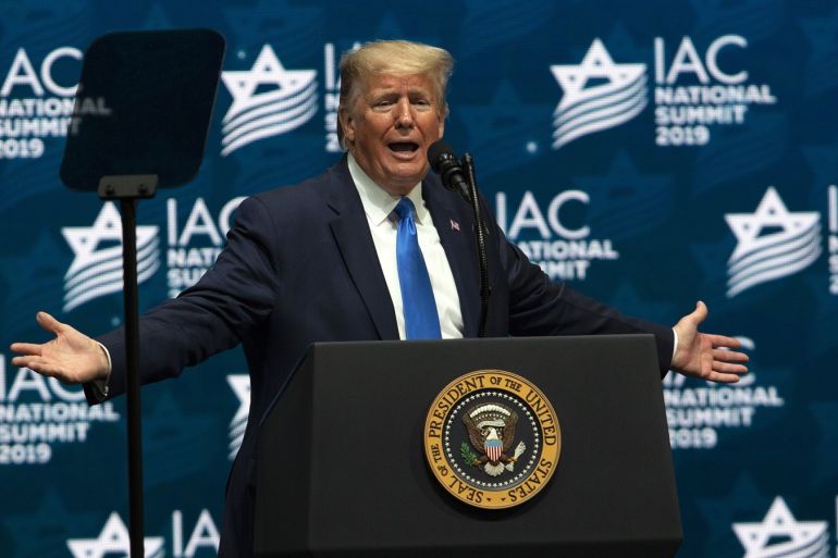 HOLLYWOOD, FL - DECEMBER 07: U.S. President Donald Trump speaks during a homecoming campaign rally at The Diplomat Conference Center for the Israeli-American Council Summit on December 7, 2019 in Hollywood, Florida. President Trump continues to campaign for re-election in the 2020 presidential race. Saul Martinez/Getty Images/AFP== FOR NEWSPAPERS, INTERNET, TELCOS & TELEVISION USE ONLY ==