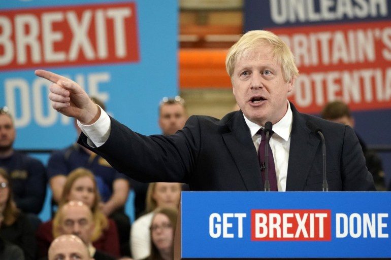 UTTOXETER, ENGLAND - DECEMBER 10: Britain's Prime Minister and Conservative party leader Boris Johnson delivers a speech during a general election campaign event at JCB construction company on December 10, 2019 in Uttoxeter, United Kingdom. The U.K will go to the polls in a general election on December 12. (Photo by Christopher Furlong/Getty Images)