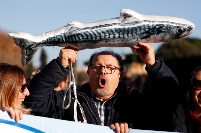 Protesters attend a demonstration held by "the sardines", a grassroots movement against far-right League leader Matteo Salvini, in Rome, Italy, December 14, 2019. REUTERS/Yara Nardi