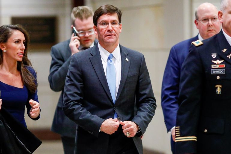 U.S. Defense Secretary Mark Esper arrives to brief members of the U.S. Senate on developments with Iran after attacks by Iran on U.S. forces in Iraq, at the U.S. Capitol in Washington, U.S., January 8, 2020. REUTERS/Tom Brenner