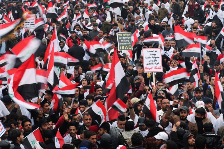Supporters of Iraqi Shi'ite cleric Moqtada al-Sadr protest against what they say is U.S. presence and violations in Iraq, during a demonstration in Baghdad, Iraq January 24, 2020. REUTERS/Thaier al-Sudani