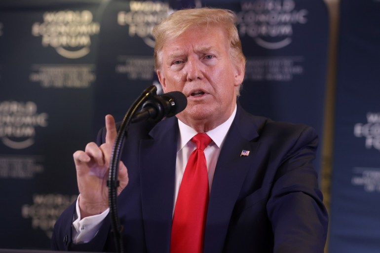 U.S. President Donald Trump gestures as he holds a news conference at the 50th World Economic Forum (WEF) in Davos, Switzerland, January 22, 2020. REUTERS/Jonathan Ernst