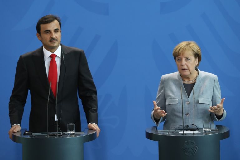 BERLIN, GERMANY - SEPTEMBER 15: German Chancellor Angela Merkel and Emir of Qatar Sheikh Tamim bin Hamad Al Thani speak to the media following talks at the Chancellery on September 15, 2017 in Berlin, Germany. The two discussed the current tensions between Qatar and some its neighbors, among other issues. (Photo by Sean Gallup/Getty Images)