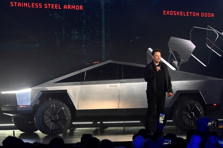 Nov 21, 2019; Hawthorne, CA, U.S.A; Tesla CEO Elon Musk unveils the Cybertruck at the TeslaDesign Studio in Hawthorne, Calif. Mandatory Credit: Robert Hanashiro-USA TODAY