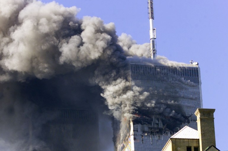 The two towers of the World Trade Center in New York City burn September 11, 2001. Both towers were hit by planes which crashed into the buildings, and they both collapsed a short time later.