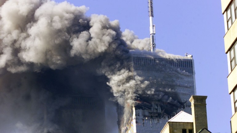 The two towers of the World Trade Center in New York City burn September 11, 2001. Both towers were hit by planes which crashed into the buildings, and they both collapsed a short time later.
