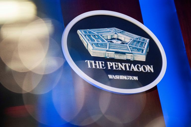 The Pentagon logo is seen behind the podium in the briefing room at the Pentagon in Arlington, Virginia, U.S., January 8, 2020. REUTERS/Al Drago