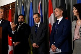 Canada's Minister of Foreign Affairs Francois-Philippe Champagne speaks during a news conference, standing next to Sweden's Foreign Minister Ann Linde, Ukraine's Foreign Minister Vadym Prystaiko, Afghanistan's acting Foreign Minister Idrees Zaman and British MP Andrew Murrison, after a meeting of the International Coordination and Response Group for the families of the victims of the Ukraine International flight which crashed in Iran, at the High Commission of Canada in London, Britain January 16, 2020. REUTERS/Henry Nicholls