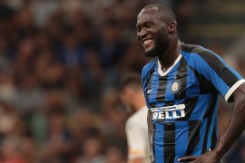 MILAN, ITALY - AUGUST 26: Romelu Lukaku of FC Internazionale smiles during the Serie A match between FC Internazionale and US Lecce at Stadio Giuseppe Meazza on August 26, 2019 in Milan, Italy. (Photo by Emilio Andreoli/Getty Images)