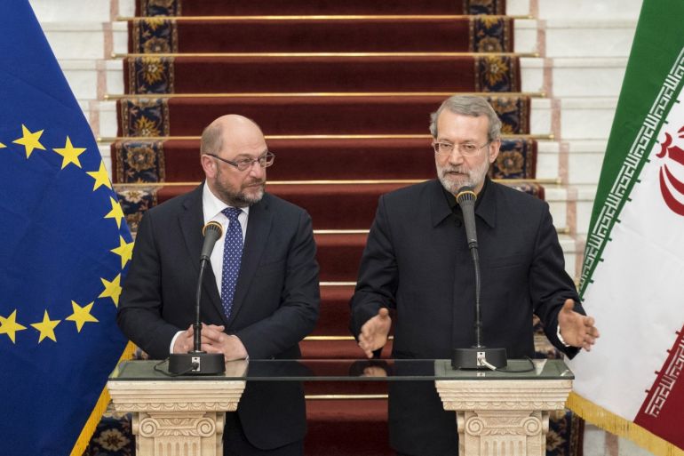 Iran's parliament speaker Ali Larijani (R) gestures as he speaks during a joint news conference with European Parliament President Martin Schulz, in Tehran November 7, 2015. REUTERS/Raheb Homavandi/TIMA ATTENTION EDITORS - THIS IMAGE WAS PROVIDED BY A THIRD PARTY. FOR EDITORIAL USE ONLY. TPX IMAGES OF THE DAY