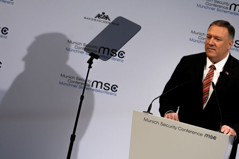 U.S. Secretary of State Mike Pompeo addresses the audience on the podium during the 56th Munich Security Conference (MSC) in Munich, southern Germany, February 15, 2020. Andrew Caballero-Reynolds/Pool via REUTERS