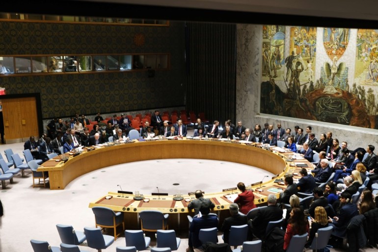 NEW YORK, NEW YORK - JANUARY 09: Members of the United Nations (UN) Security Council participate in a meeting titled
